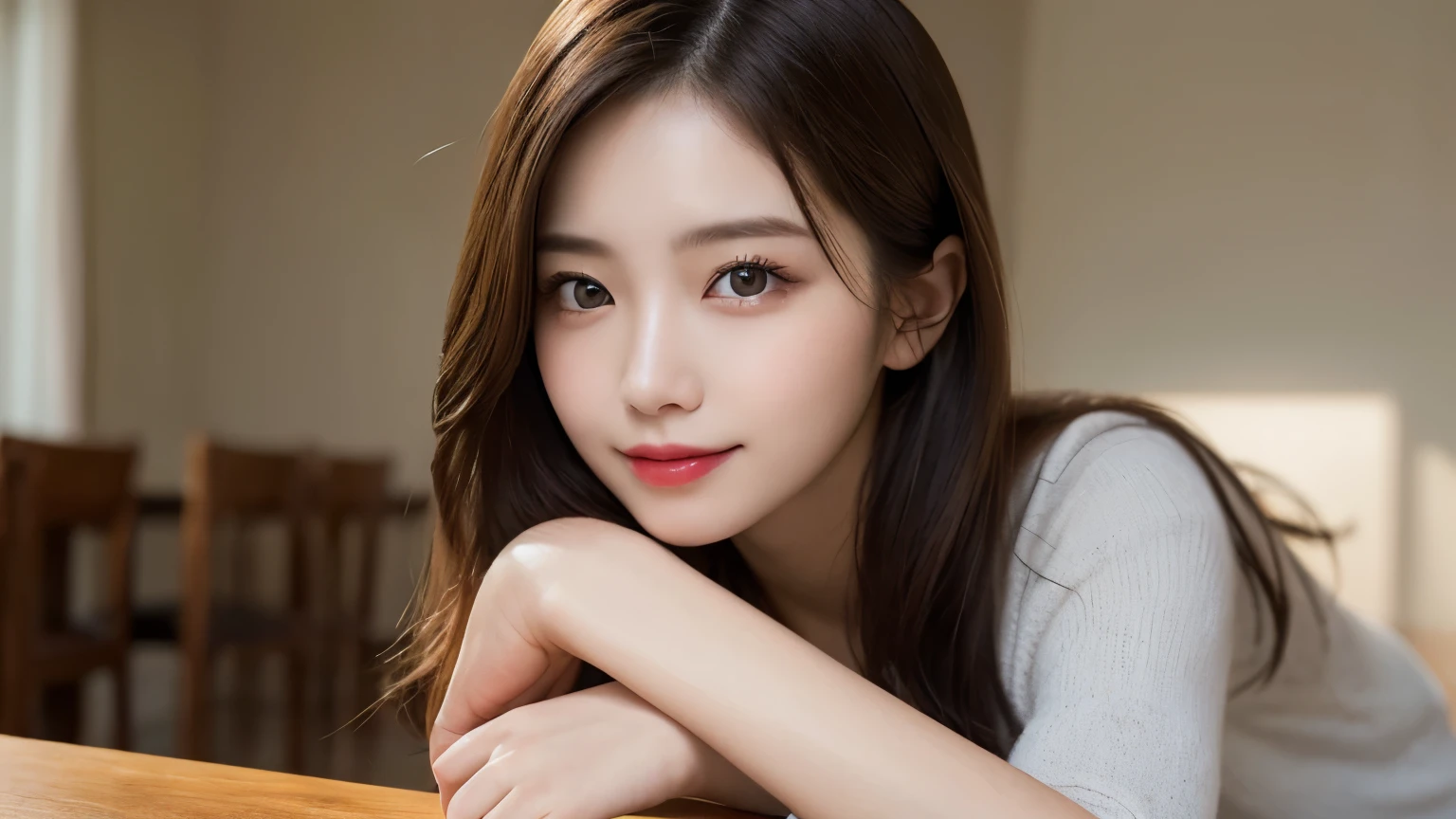 On the table, best quality, shape, Ultra Detailed, Finely, high resolution, 8k wallpaper, 完璧なダイナミックな構shape, Beautiful and delicate eyes, Medium Length Hair, Small Breasts, Natural lipstick, Casual sexy pose,Smile,20 year old girl、midnight、Beautiful and detailed face、Perfect beautiful face,big eyes、original photo、Expressing female posture using the whole body、Beautiful and delicate eyes、Small face、Beautiful duplex、Facelift and style,skirt、Beautiful golden ratio face,Long hair