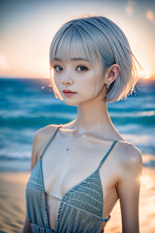 one girl、cute face、ash gray hair、bobbed hair、short hair、Camera gaze、small breasts、An ennui look、camisole、dress、particles of light、Sunset Sea、calm sea、white sand beach、Very beautiful sunset、RAW photo、highest quality、High resolution、high resolution、master piece:1.3、８ｋ、１２ｋ、professional photographer、