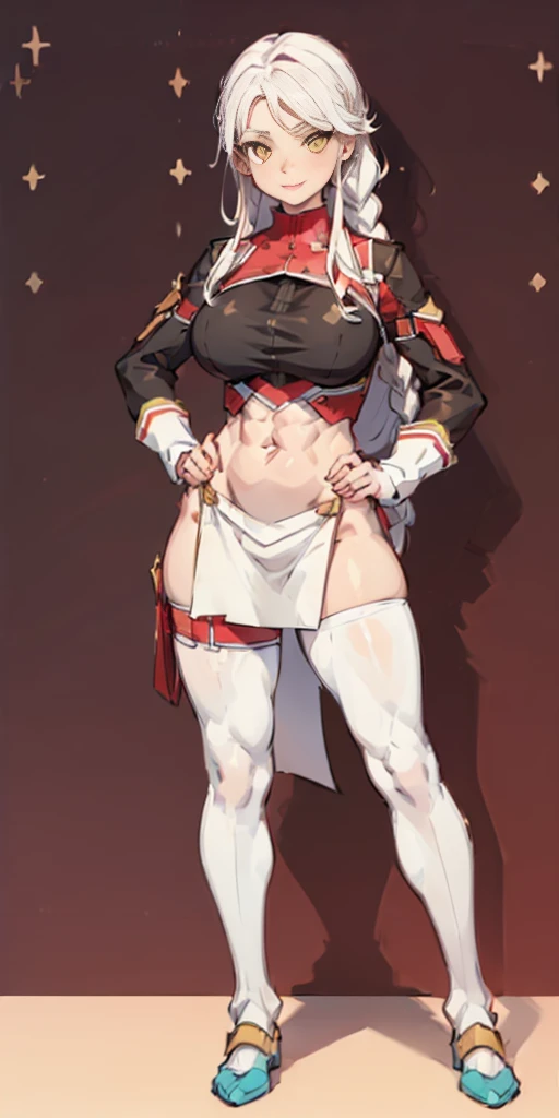 (((Plain background 1:2))) (masterpiece, high quality: 1.1) 1girl full body standing, hairstyle with a braid, white colored hair, yellow eyes, perfect lighting, muscular, thighs, mature woman, mummy, bellybutton, abs, looks at the viewer smile RED CHEEKS, extremely huge breasts, maternal, porcelain skin, extra very long hair, sparkly skin, good face, chest cover, HANDS ON HIPS