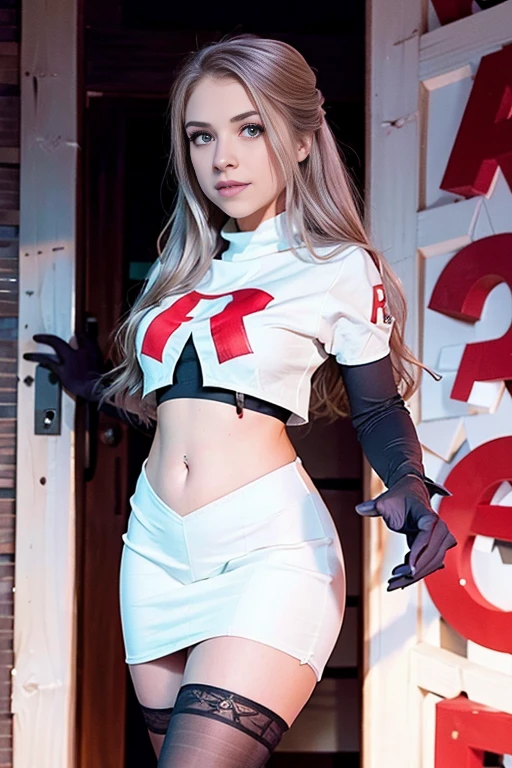 xoaeriel, (NSFW), a woman wearing team rocket,team rocket uniform,white skirt,red letter R,crop top,black thigh-highs,black elbow gloves,