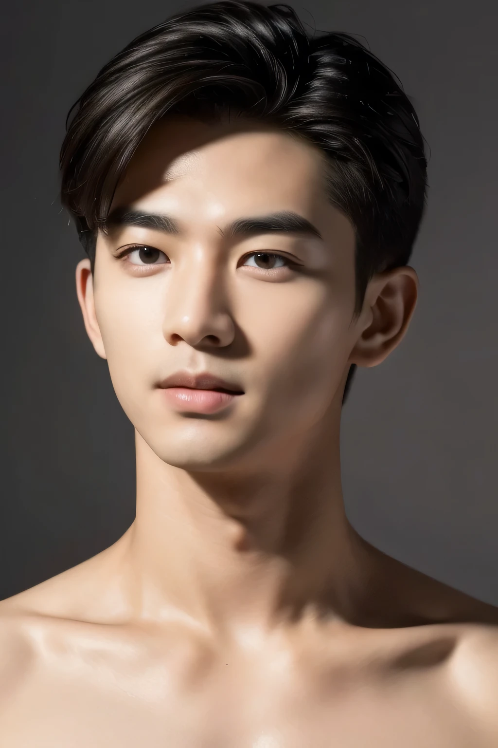 High quality, masterpiece, highly detailed, 8k, perfect face, perfect body, realistic, photogenic, man, Asian, young, black hair, short hair, handsome, detailed eyes, beautiful detailed nose, realistic body, realistic light, comfortable expressions, cute guy, sweat guy, cool guy, abs sixpack, model style, full body, clean skin, topples 