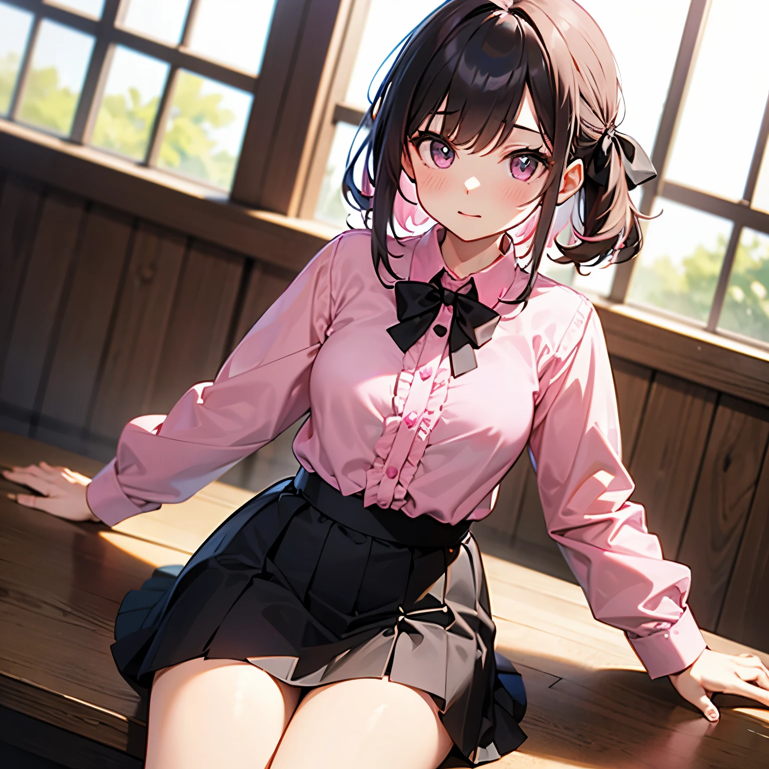 , black bow, black bowtie, black ribbon, black skirt, bow, bowtie, frilled shirt, frills, jirai kei, long sleeves, neck ribbon, (pink shirt:1.5), ribbon, shirt, skirt, white shirt,