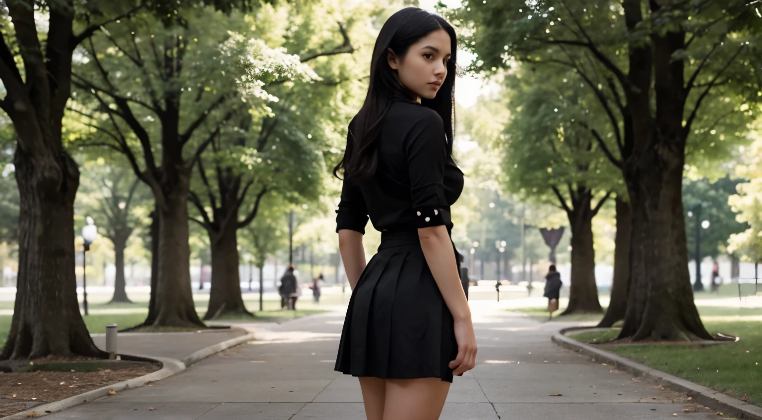 Girl in pleated skirt, tight shirt with unbuttoned buttons, long detailed black hair, standing full-length, beautiful legs, in park, back view , looking at camera, professional photo