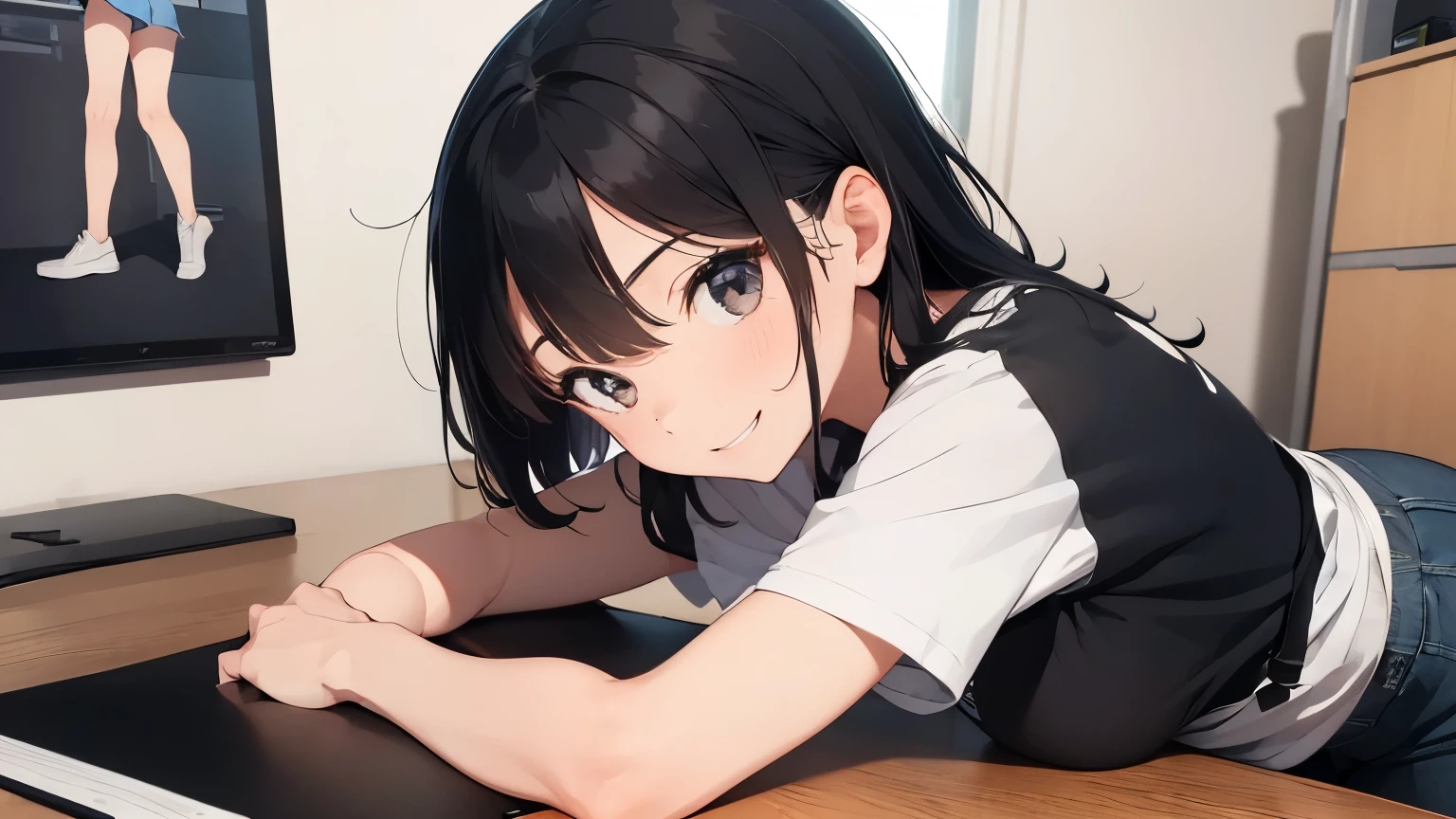 1girl, 20 years old,black hair,black eyes,casual short sleeve cloth,casual pants,she have a white flip board,HAZURE is written on the white flip board,smiling mischievously,perfect anatomy,4k,masterpiece,

