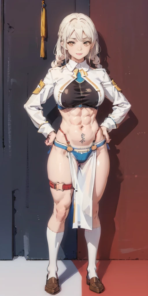 (((Plain background 1:2))) (masterpiece, high quality: 1.1) 1girl full body standing, hairstyle with a braid, white colored hair, yellow eyes, perfect lighting, muscular, thighs, mature woman, mummy, bellybutton, abs, looks at the viewer smile RED CHEEKS, extremely huge breasts, maternal, porcelain skin, extra very long hair, sparkly skin, good face, chest cover, HANDS ON HIPS