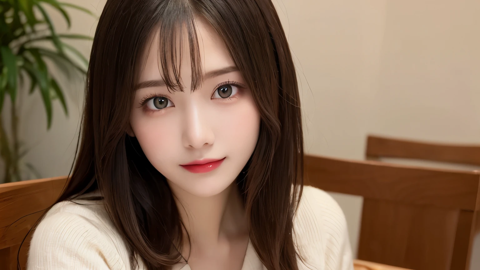 on the table, best quality, shape, Ultra Detailed, Finely, high resolution, 8k wallpaper, 完璧なダイナミックな構shape, Beautiful and delicate eyes, Medium Length Hair, Small Breasts, Natural lipstick, Casual sexy pose,Smile,20 year old girl、midnight、Beautiful and detailed face、Perfect beautiful face,big eyes、original photo、Use the whole body to express the feminine posture、Beautiful and delicate eyes、Small face、Beautiful duplex、Facelift and style,skirt、Beautiful golden ratio face,Long hair