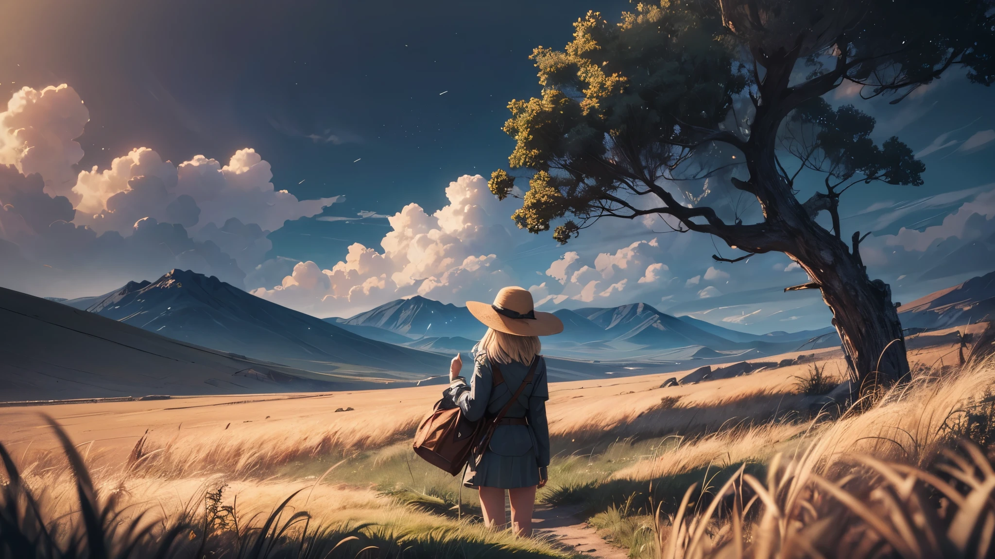 Araffe walking in a field with a hat and a backpack - SeaArt AI
