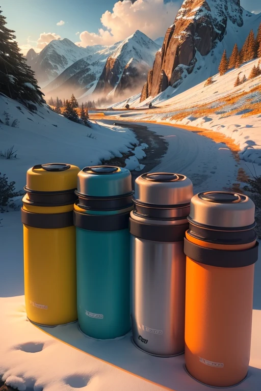 a long and thin Thermos in nature in the mountains at sunrise which can change color linked to the temperature of the liquid inside (une thermos à 5 couleur dégradé rouge foncé orange jaune bleu ciel et bleu foncé ) and the last blue one with a hand holder in each of the black thermoses and a straw hole that can be opened or closed
