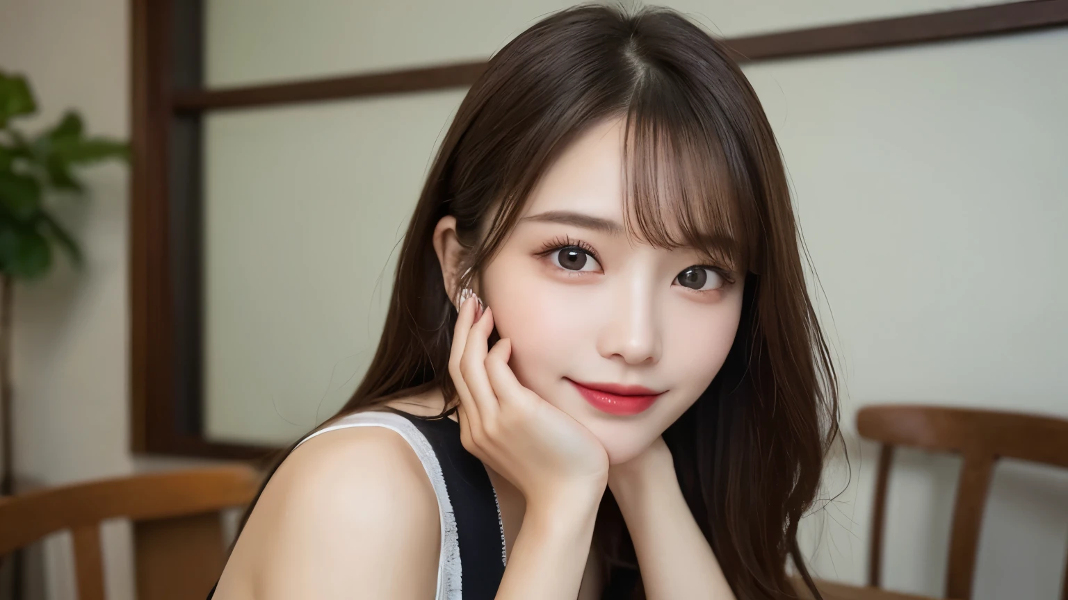 On the table, best quality, shape, Ultra Detailed, Finely, high resolution, 8k wallpaper, 完璧なダイナミックな構shape, Beautiful and delicate eyes, Medium Length Hair, Small Breasts, Natural lipstick, Casual sexy pose,Smile,20 year old girl、midnight、Beautiful and detailed face、Perfect beautiful face,big eyes、original photo、Expressing female posture using the whole body、Beautiful and delicate eyes、Small face、Beautiful duplex、Facelift and style,skirt、Beautiful golden ratio face,Long hair
