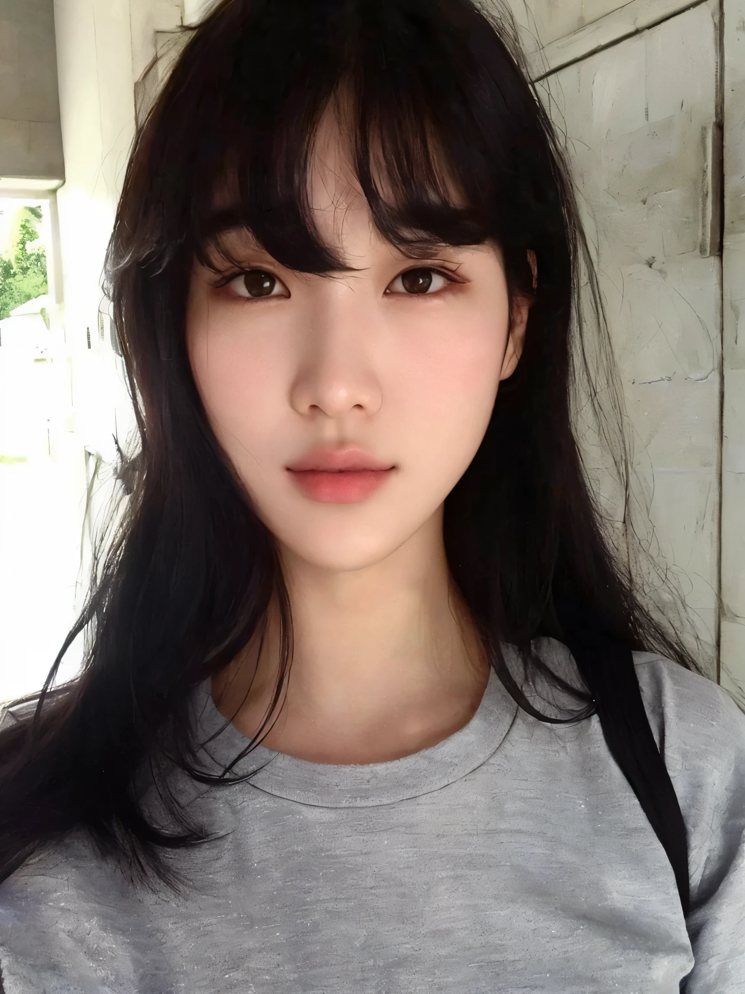 Arafed Asian Woman with Long Black Hair and a Grey Shirt, young lovely korean face, Southeast Asian with round face, linda mulher sul-coreana, Korean facial features,  coreana, korean symmetrical face, young pale and beautiful asian face, linda jovem coreana, com franja, linda jovem coreana, adorable and pale korean face, she has black hair com franja