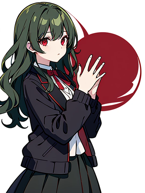 Dark green hair、Red Eyes、Wavy Hair、Black jacket、White Skirt、Cool clothes、White background