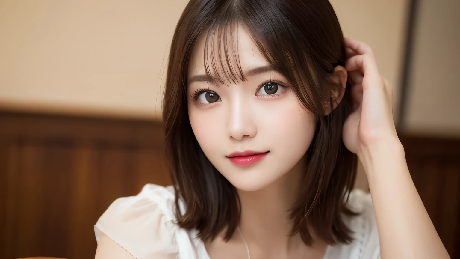 on the table, best quality, shape, Ultra Detailed, Finely, high resolution, 8k wallpaper, 完璧なダイナミックな構shape, Beautiful and delicate eyes, Medium Length Hair, Small Breasts, Natural lipstick, Casual sexy pose,Smile,20 year old girl、midnight、Beautiful and detailed face、Perfect beautiful face,big eyes、original photo、Use the whole body to express the feminine posture、Beautiful and delicate eyes、Small face、Beautiful duplex、Facelift and style,skirt、Beautiful golden ratio face,Long hair