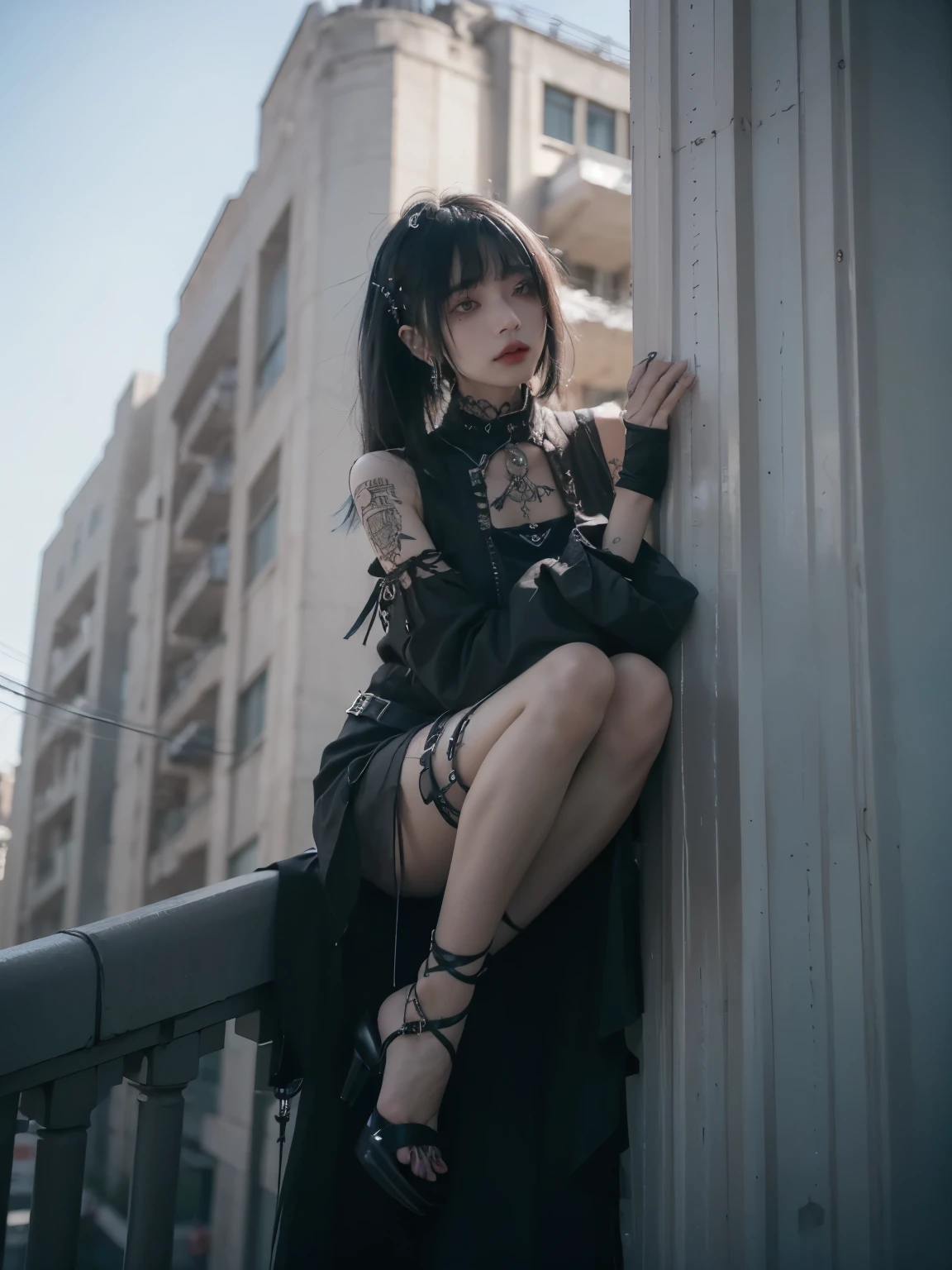 from below, minimum, harmony, tranquility, aesthetic, Steel tower with fine texture details, blue sky, 1 Girl , 24-years-old, slender, floating Medium Hair, bangs, (Gothic_Punk:1.2), masterpiece, best quality, RAW Photos, sigma 50mm f1.4, candytt