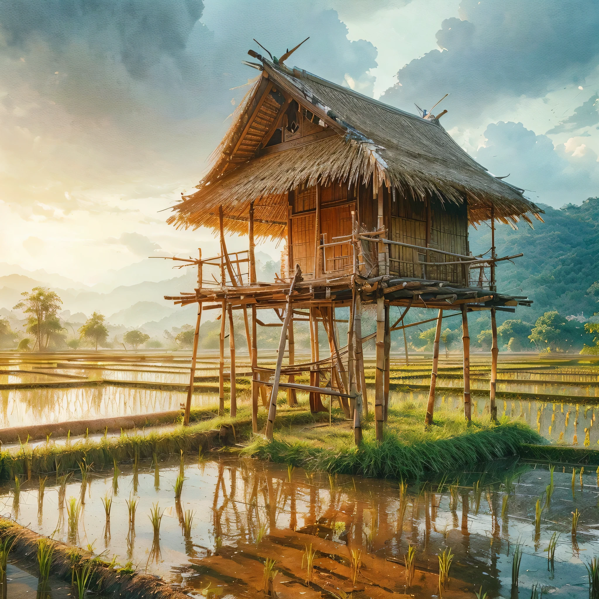 high resolution, high detail, thailand, an old workers bamboo shelter on a rice field in the background, Watercolor, trending on artstation, sharp focus, studio photo, intricate details, highly detailed, by greg rutkowski