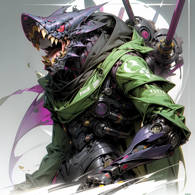 Dark Fantasy, Cyberpunk, (robot ninja piranha, verte and blanc colors, violet accent, one man), Mechanical marvel, Robotic presence, Cybernetic guardian,
In this intriguing image, a solitary figure dons the profile picture, showcasing a robot ninja piranha as his avatar. The mechanical creature boasts a vibrant verte and blanc color scheme, with violet accents highlighting its menacing form. The robot ninja piranha is an extraordinary mechanical marvel, exhibiting an uncanny resemblance to the ferocious animal it is modeled after. Its robust structure stands as a robotic presence, acting