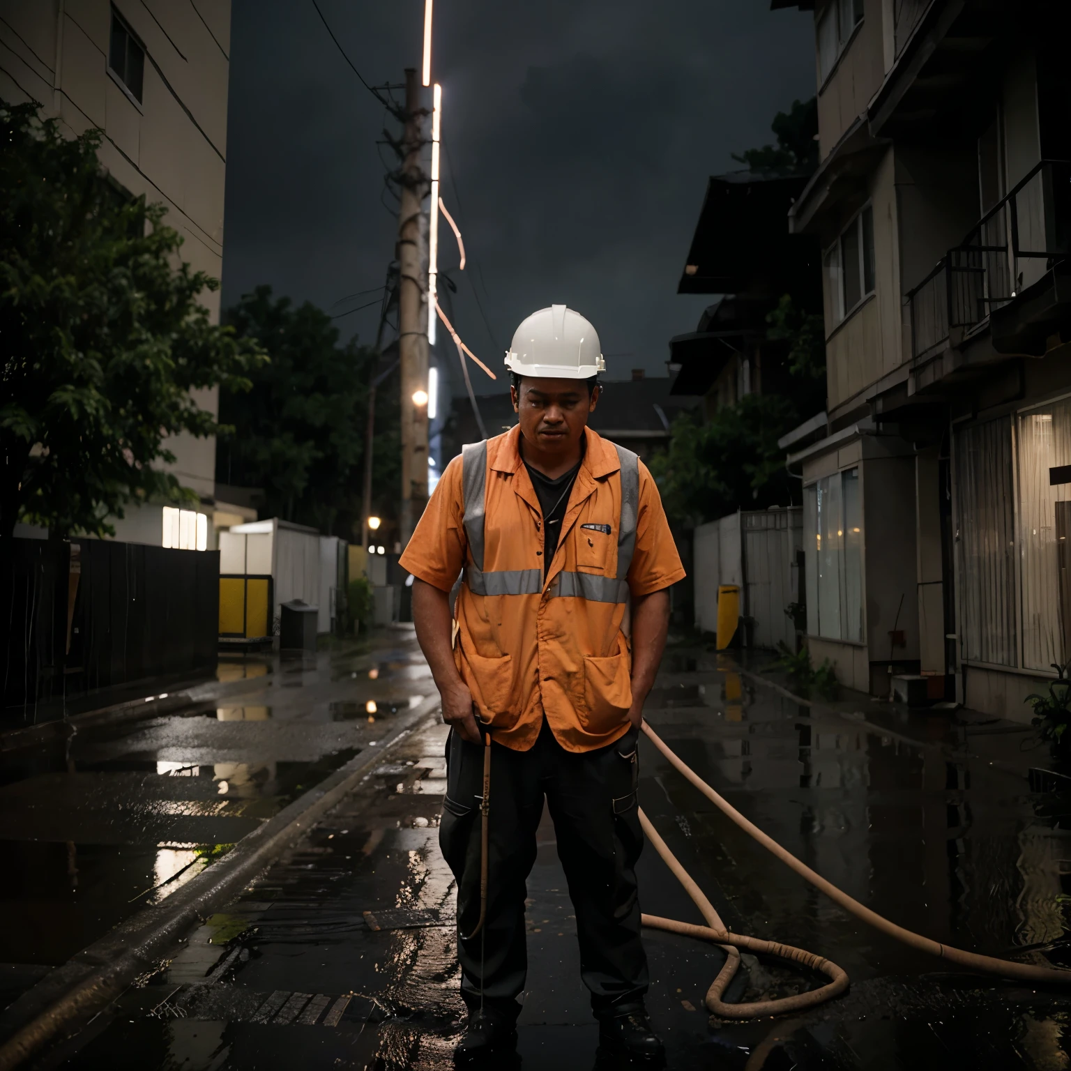 A worker makes an electrical connection under the rain from which he receives an electric shock