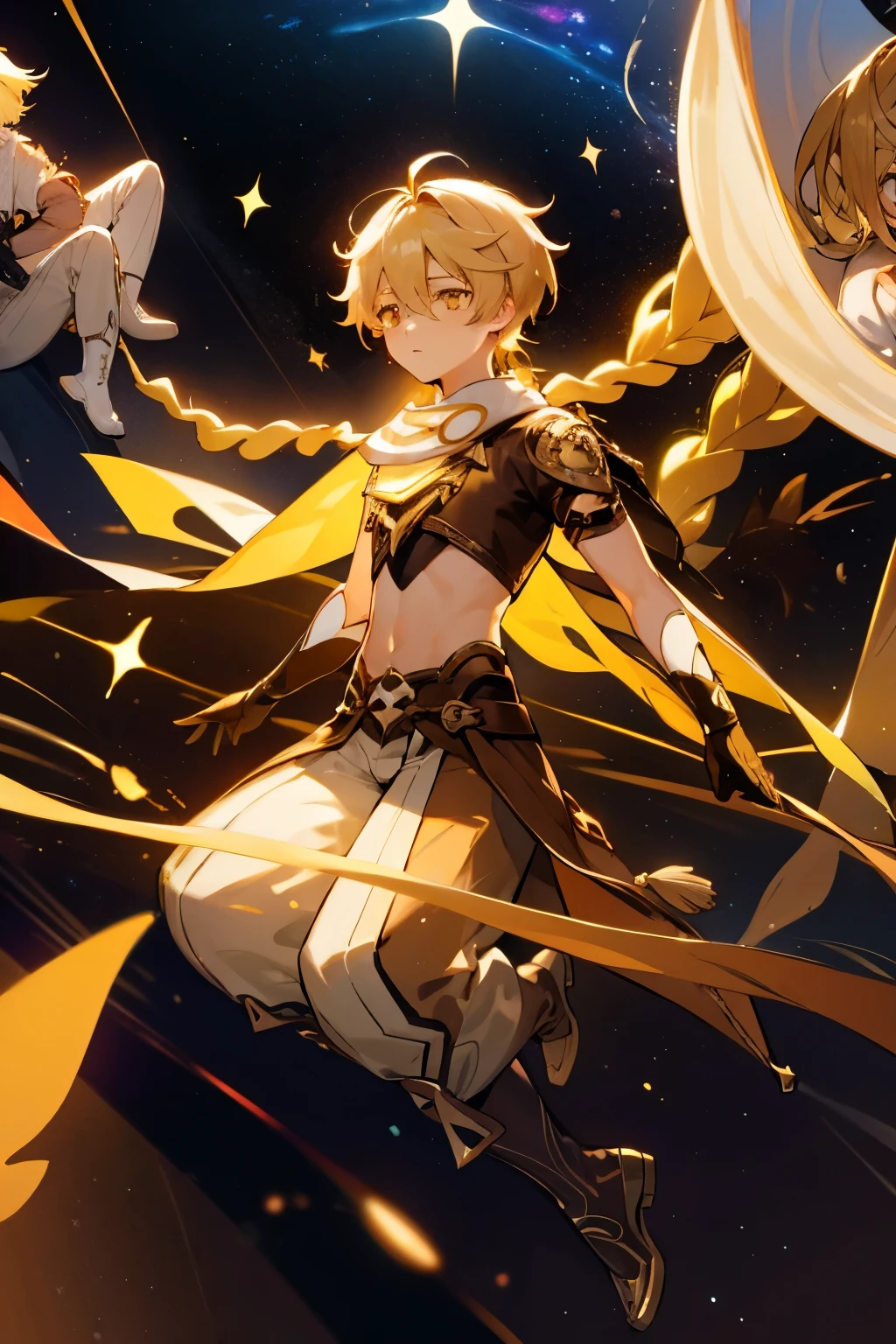 1 boy, young man, single man, Blonde hair in braids, yellow eyes, White scarf with gold details, brown short shirt, bare stomach, Wide brown harem pants, Brown high boots with gold details., Brown gloves, Rainbow Light, glowing rainbow crystal, Sparks, star, floating in outer space, dark background with star and galaxies, full body