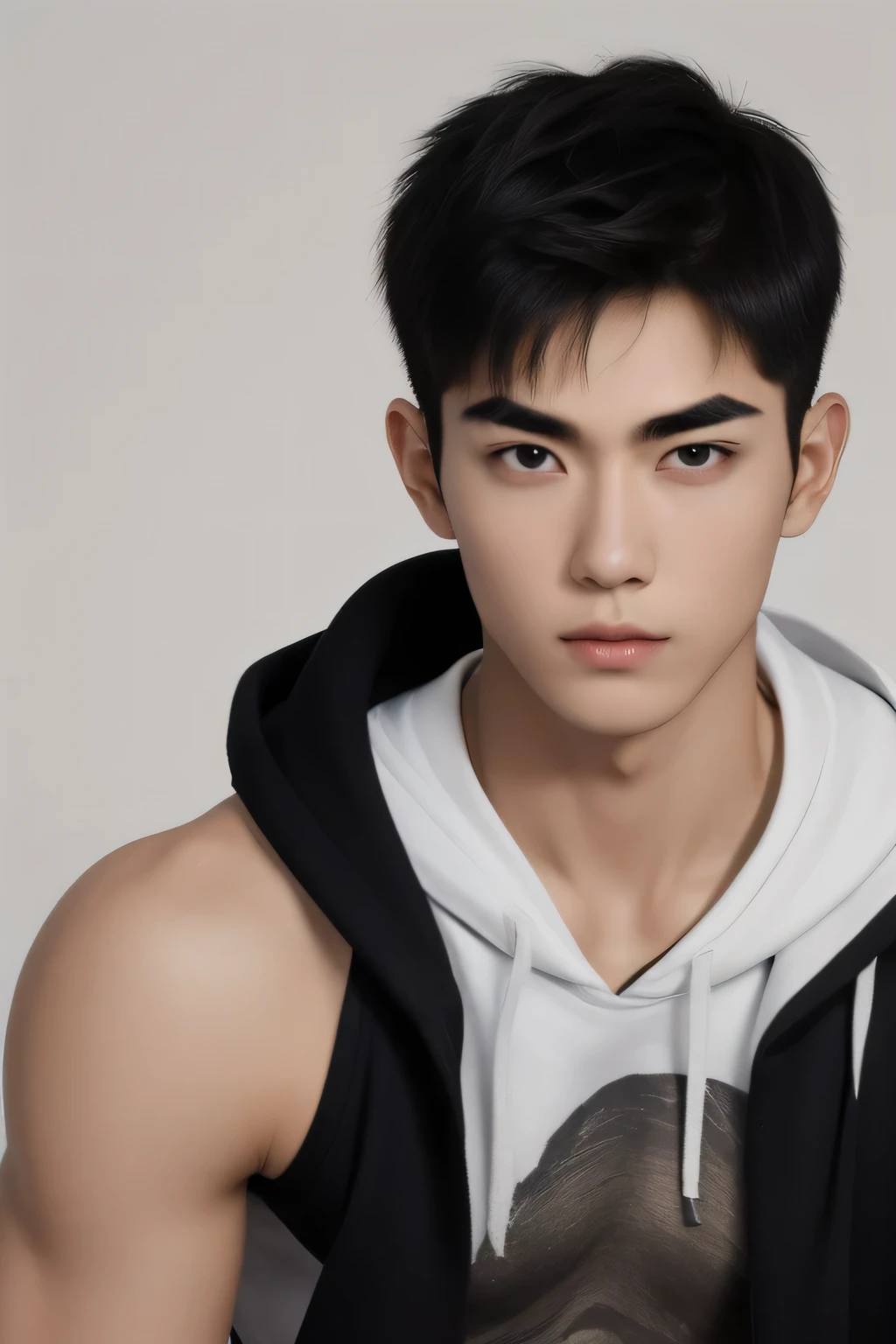 (1boy:1.45),male focus,(solo:1.33),Asian Slim male,slim,thin,adult,handsome face,real skin texture,well-proportioned hands,think eyebrow,Eyeball,dramatic angle,Surfer Hairstyle,black eyes,solid eyes,thick eyebrows,hoodie,Underwear,