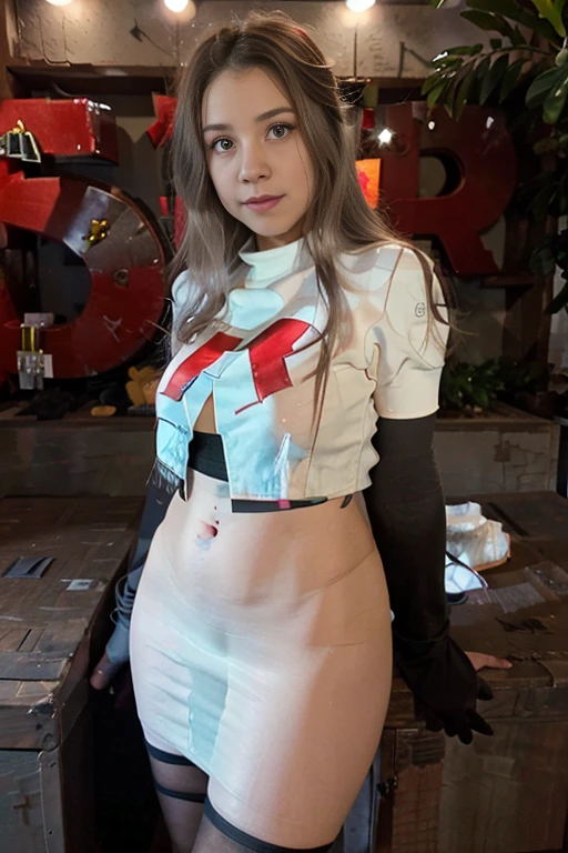 xoaeriel, ((NSFW)), a woman wearing team rocket,team rocket uniform,white skirt,red letter R,crop top,black thigh-highs,black elbow gloves,
