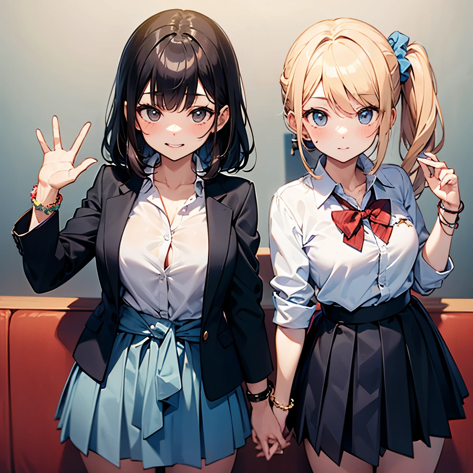 ,gyaru, collarbone, bow, loose bowtie, white shirt, collared shirt, long sleeves, bracelet, wrist scrunchie,blue skirt, pleated skirt,
clothes around waist,