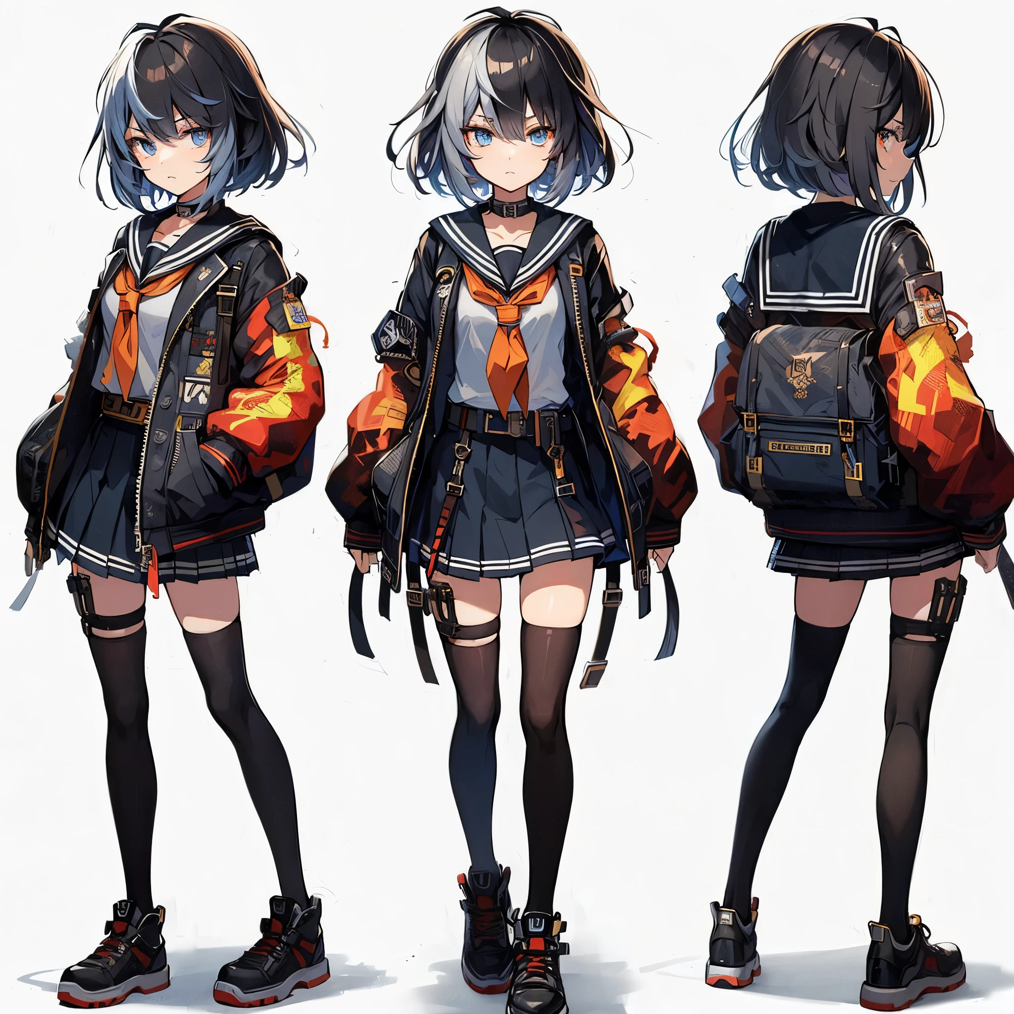 (Masterpiece, top quality), (detailed hair), super detailed, anime style, full body, solo, Cyberpunk rogue high school girl, medium short black hair mixed with gray, Rebellious sky-blue eyes, wearing fire patterned jacket over black sailor uniform, school shoes, standing in urban area, white background, whole body,