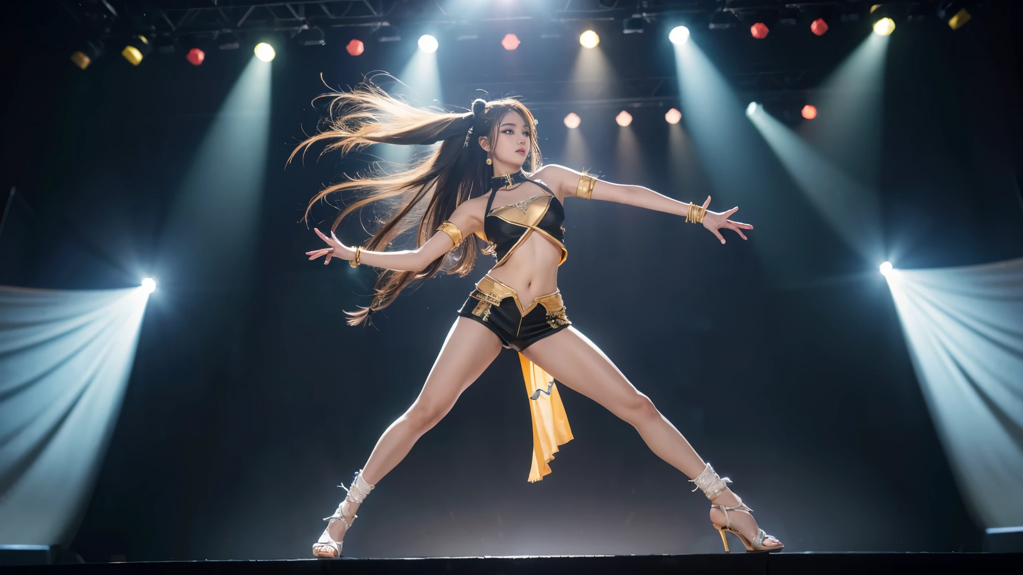 Fine details, huge file size, official art, highly detailed CG Unity 8k wallpaper, long hair, round face, AGE18, full body, gal makeup,hot pants, front angle, HIPHOP dance costume, reggae dance on stage,,