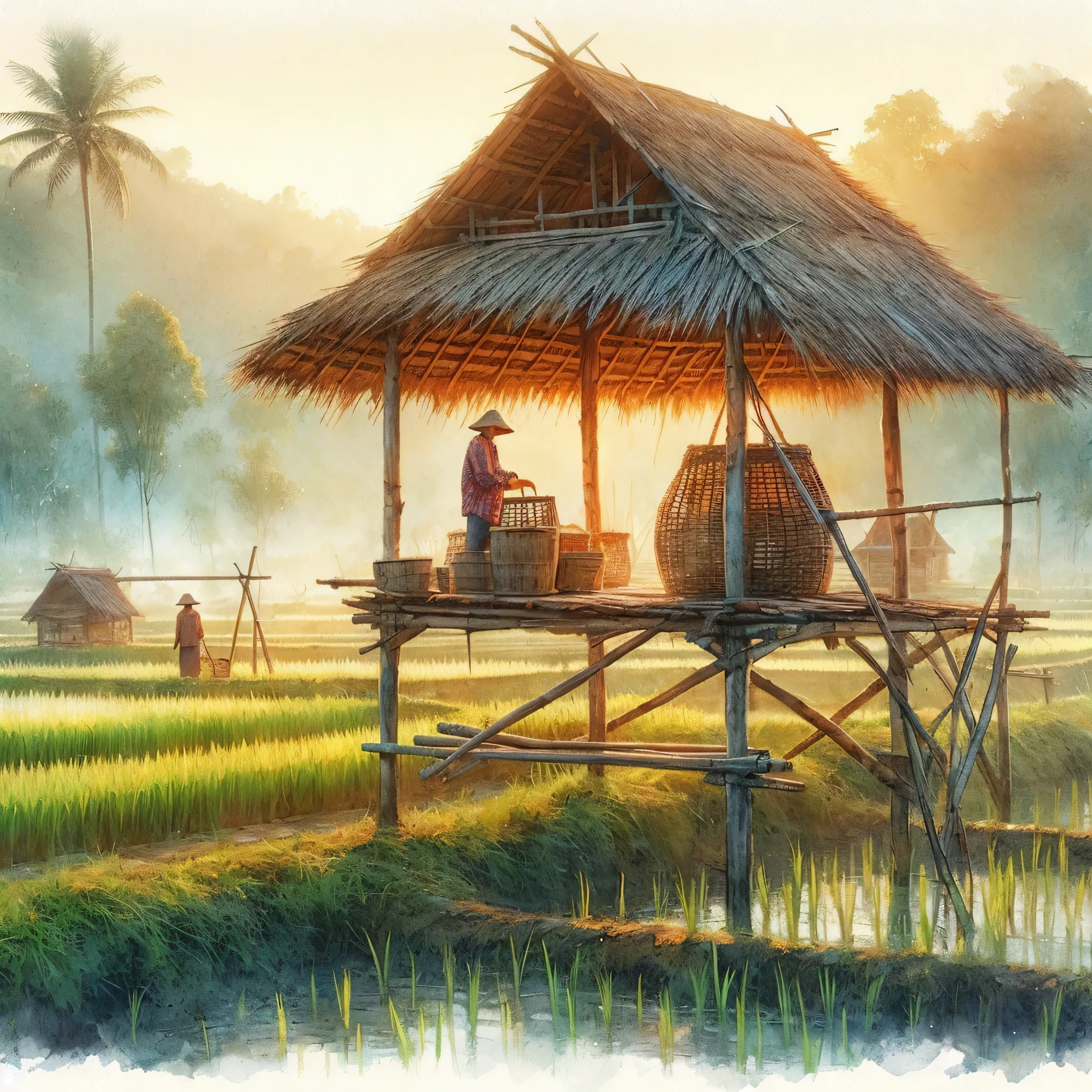 high resolution, high detail, thailand, an old workers bamboo shelter on a rice field in the background, Watercolor, trending on artstation, sharp focus, studio photo, intricate details, highly detailed, by greg rutkowski