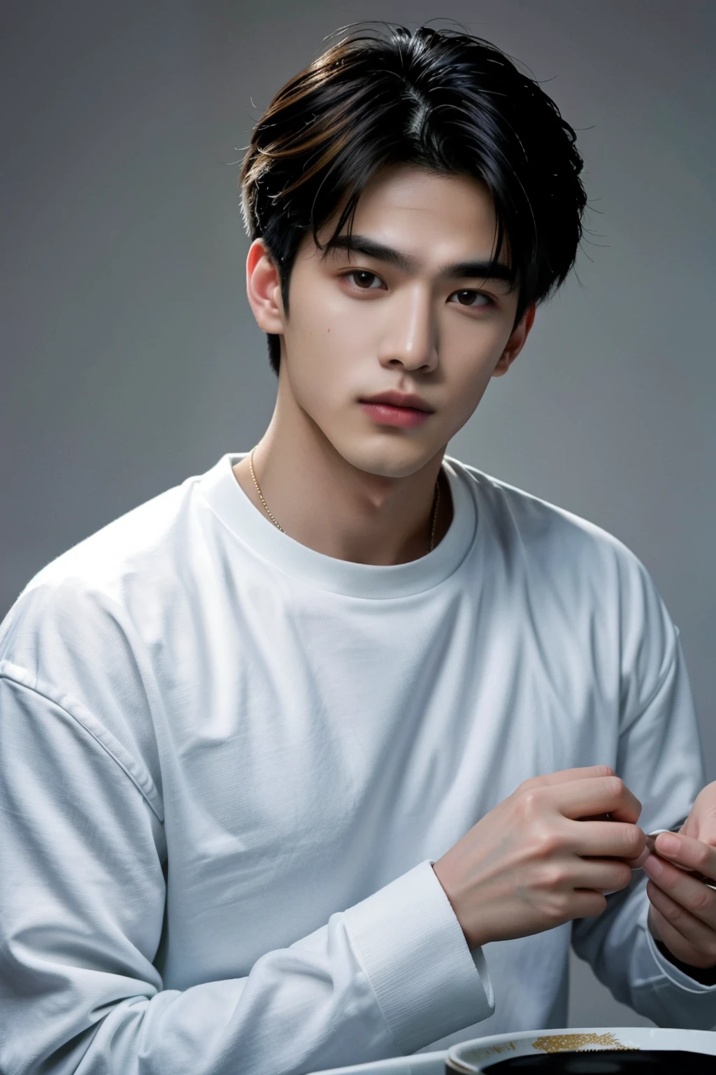 (masterpiece:1.21),(bestquality:1.21),8k,high detailed,ultra-detailed,photography,award winning,documentary,Original Photo,Realisticity,solo,Studio lighting,High resolution scan,physically-based rendering,Cinematic Lighting,award winning work,depth of field,(low saturation:1.3),(1boy;1.4:1.1),a male,male focus,silm,Asian,handsome face,Well-Proportioned Hands,Real Skin Texture,White Marble Glowing Skin,model,thick eyebrows,(random_color_ Fashion_clothing:1.45),(random colo background:1.1),close-up view,(random stylish pose action:1.1),(portrait:1.22),Asian Bowl Cut,Smirk