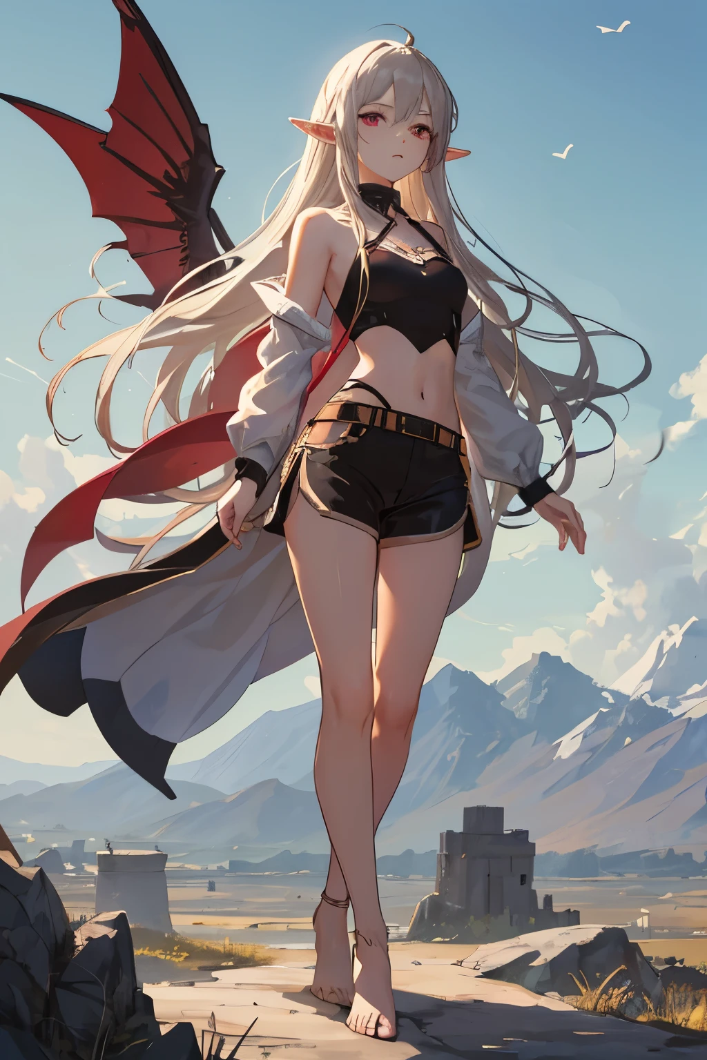 straight view,
standing upright.
young beautiful elf vampire,
very detailed face and body,
long ash hair,
Red eyes,
serious expression,
dark open top on the chest,
shorts,
without shoes,
chest cutout,
open chest size 2,
possesses the magic of the elements of wind,
flies with the help of wind magic high in the sky,
32k.