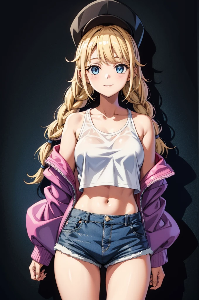 a picture of a picture of a female with blonde hair standing up, 1girl, solo, shorts, crop top, hat, blonde hair, navel, looking at viewer, smile, midriff, shirt, black headwear, twin braids, denim, white shirt, baseball cap, long hair, short shorts, jacket, denim shorts, breasts, collarbone, braid, stomach, blue eyes, open jacket, off shoulder, open clothes, cowboy shot, long sleeves