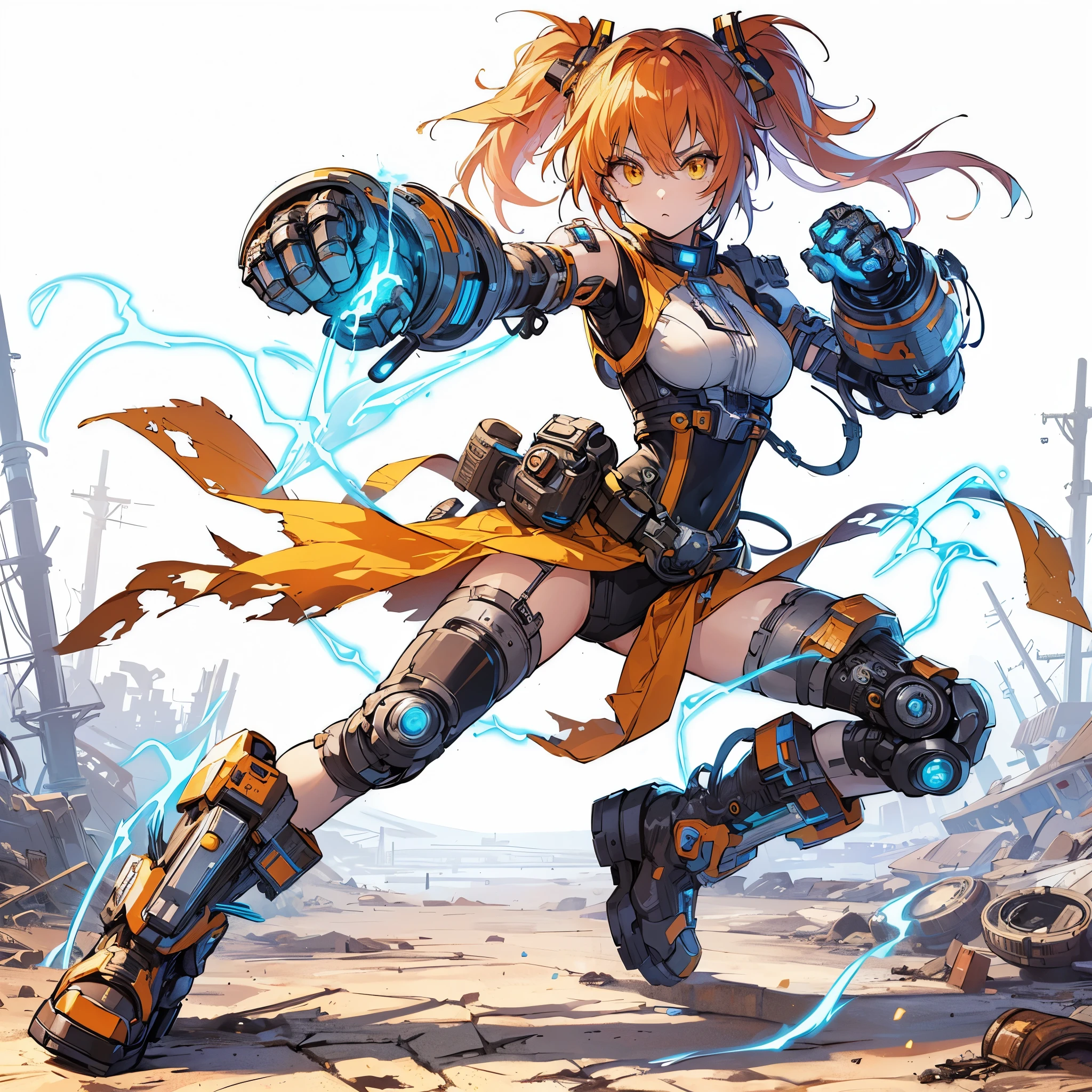 (masterpiece, best quality), ultra detailed, anime style, full body, solo, cute cyberpunk KARATE girl, orange hair and yellow eyes, cyberpunk bodysuit, hi-tech gauntlets, blue Lightning aura, hi-tech boots, standing in wasteland, digital painting, 8K high resolution, art station trend, white background, whole body, fighting pose
