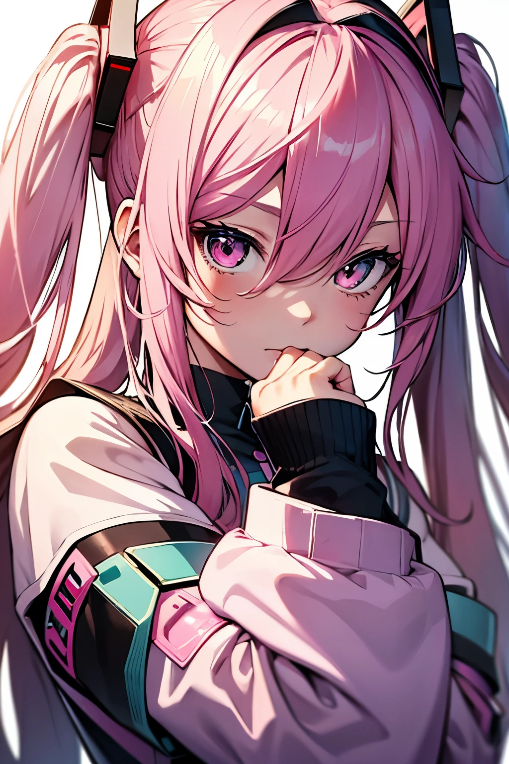 Hatsune Miku, Vocaloid, beautiful, Detailed face, Pink Hair, Pink Eyes, Pink Art, colorful, bright, whole body