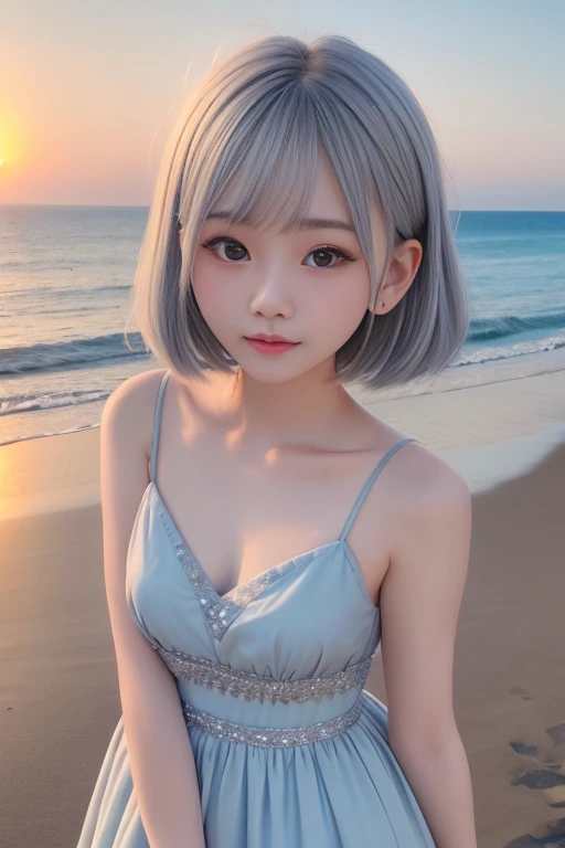 one girl、cute face、ash gray hair、bobbed hair、short hair、Camera gaze、small breasts、An ennui look、camisole、dress、particles of light、Sunset Sea、calm sea、white sand beach、Very beautiful sunset、RAW photo、highest quality、High resolution、high resolution、master piece:1.3、8k、12k、professional photographer、