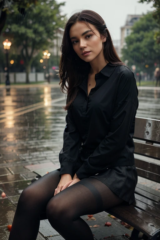 Full body photography of a woman, sitting on a park bench, in a rainy and windy day. she wear a casually shirt in black, short skirt, dark leggins, holding a transparent umbrella, surrounded by rose petals rain that combines elegance with natural beauty. award-winning, professional, highly detailed. premium quality, realistic and professional wide photography, ultra-realistic, 8k HDR.