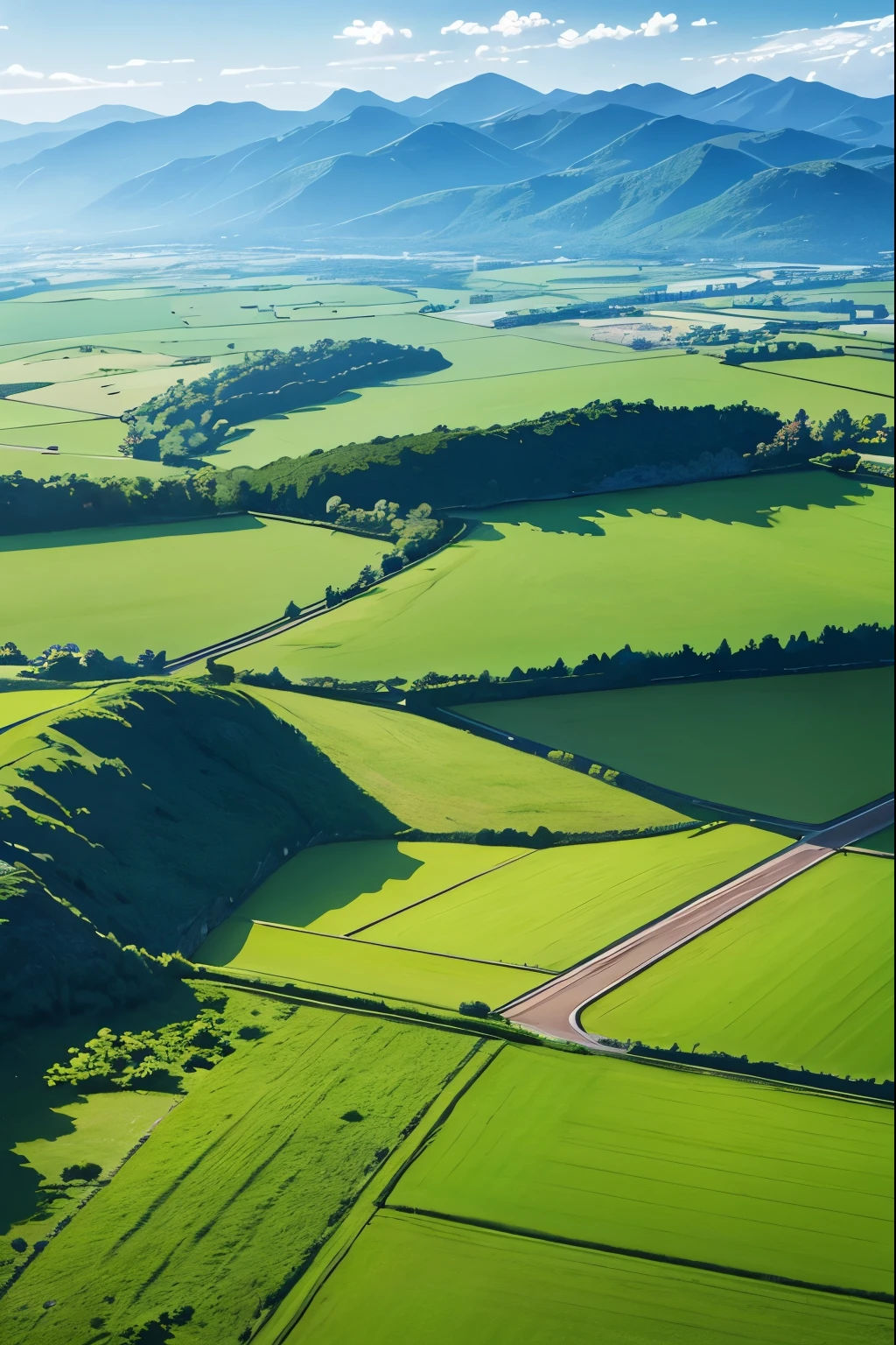 anime, a beautiful field in the country seen from the sky, top down point of view, nothing but trees, mountains and rivers