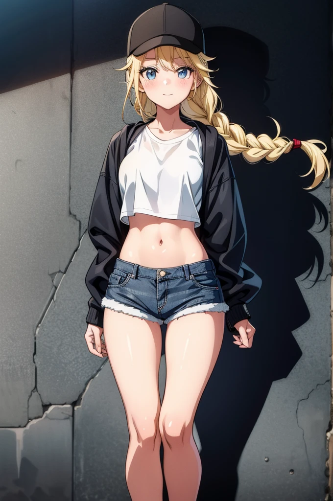(((grayscale)))(masterpiece:1.2, best quality), (graffiti wall:1.15), 1lady, beanie, jacket, Leggings, blue eyes, fullbody,super fine illustration,vibrant colors, masterpiece, sharp focus, best quality, depth of field, cinematic lighting,ultra detailed,1girl,a really cute girl in shorts and cap in a parking lot by a street, 1girl, breasts, solo, hat, navel, shorts, , blonde hair, red eyes, braid, long hair, shirt, twin braids, midriff, black headwear, crop top, denim, short shorts, white shirt, smile, denim shorts, baseball cap, blush, long sleeves, collarbone,Eiko Tsukimi, blue eyes, braid, twin braid,(((blonde hair))),baseball cap,