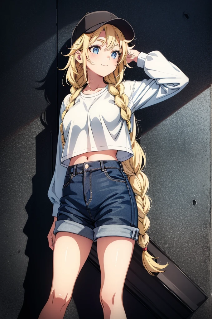 (((grayscale)))(masterpiece:1.2, best quality), (graffiti wall:1.15), 1lady, beanie, jacket, Leggings, blue eyes, fullbody,super fine illustration,vibrant colors, masterpiece, sharp focus, best quality, depth of field, cinematic lighting,ultra detailed,1girl,a really cute girl in shorts and cap in a parking lot by a street, 1girl, breasts, solo, hat, navel, shorts, , blonde hair, red eyes, braid, long hair, shirt, twin braids, midriff, black headwear, crop top, denim, short shorts, white shirt, smile, denim shorts, baseball cap, blush, long sleeves, collarbone,Eiko Tsukimi, blue eyes, braid, twin braid,(((blonde hair))),baseball cap,