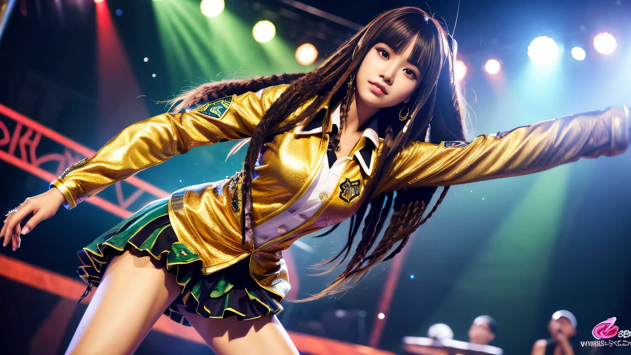 Fine details, huge file size, official art, highly detailed CG Unity 8k wallpaper, long hair, round face, AGE18, full body, gal makeup,hot pants, front angle, HIPHOP dance costume, reggae dance on stage,,