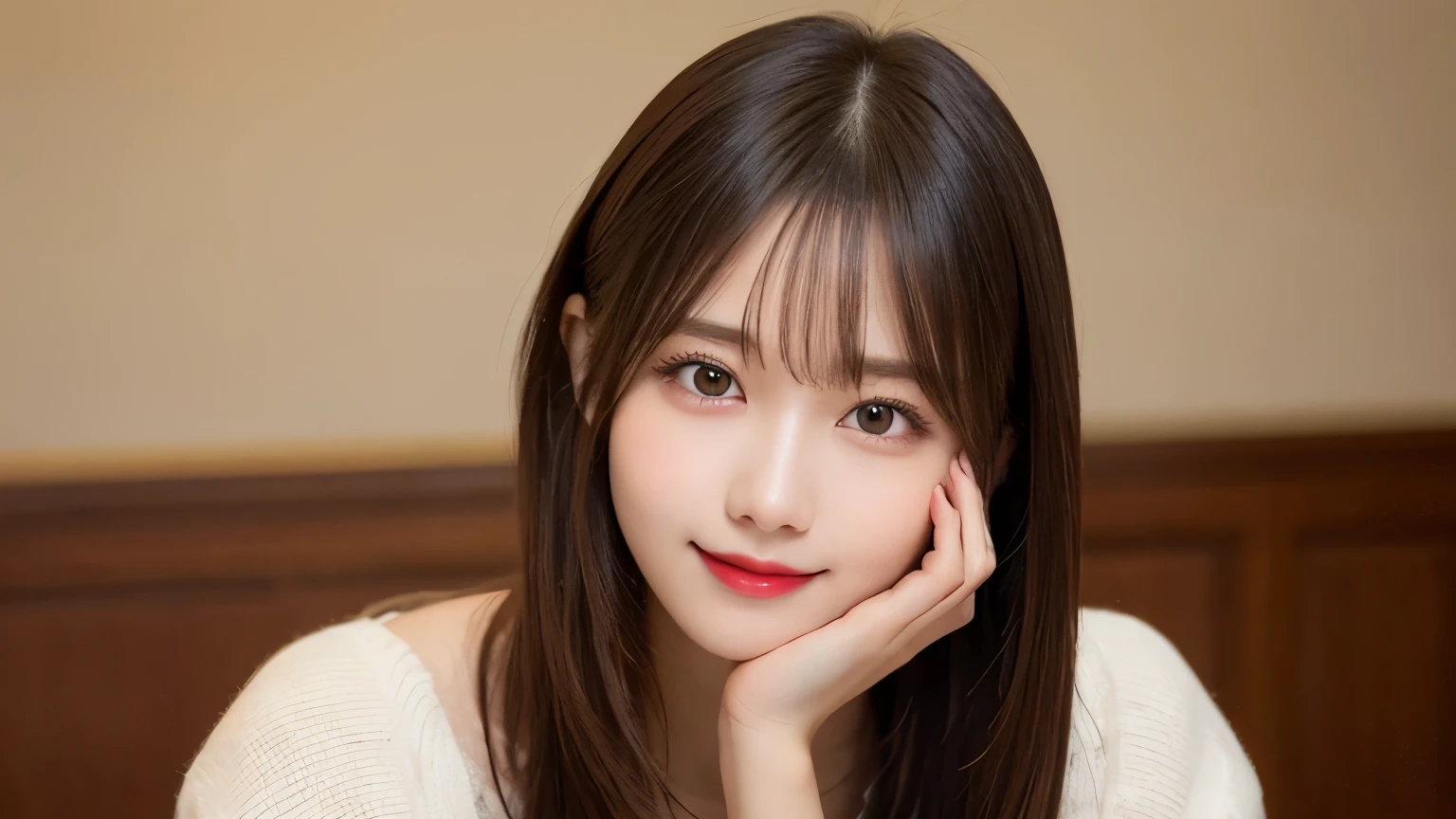 On the table, best quality, shape, Ultra Detailed, Finely, high resolution, 8k wallpaper, 完璧なダイナミックな構shape, Beautiful and delicate eyes, Medium Length Hair, Small Breasts, Natural lipstick, Casual sexy pose,Smile,20 year old girl、midnight、Beautiful and detailed face、Perfect beautiful face,big eyes、original photo、Expressing female posture using the whole body、Beautiful and delicate eyes、Small face、Beautiful duplex、Facelift and style,skirt、Beautiful golden ratio face,Long hair
