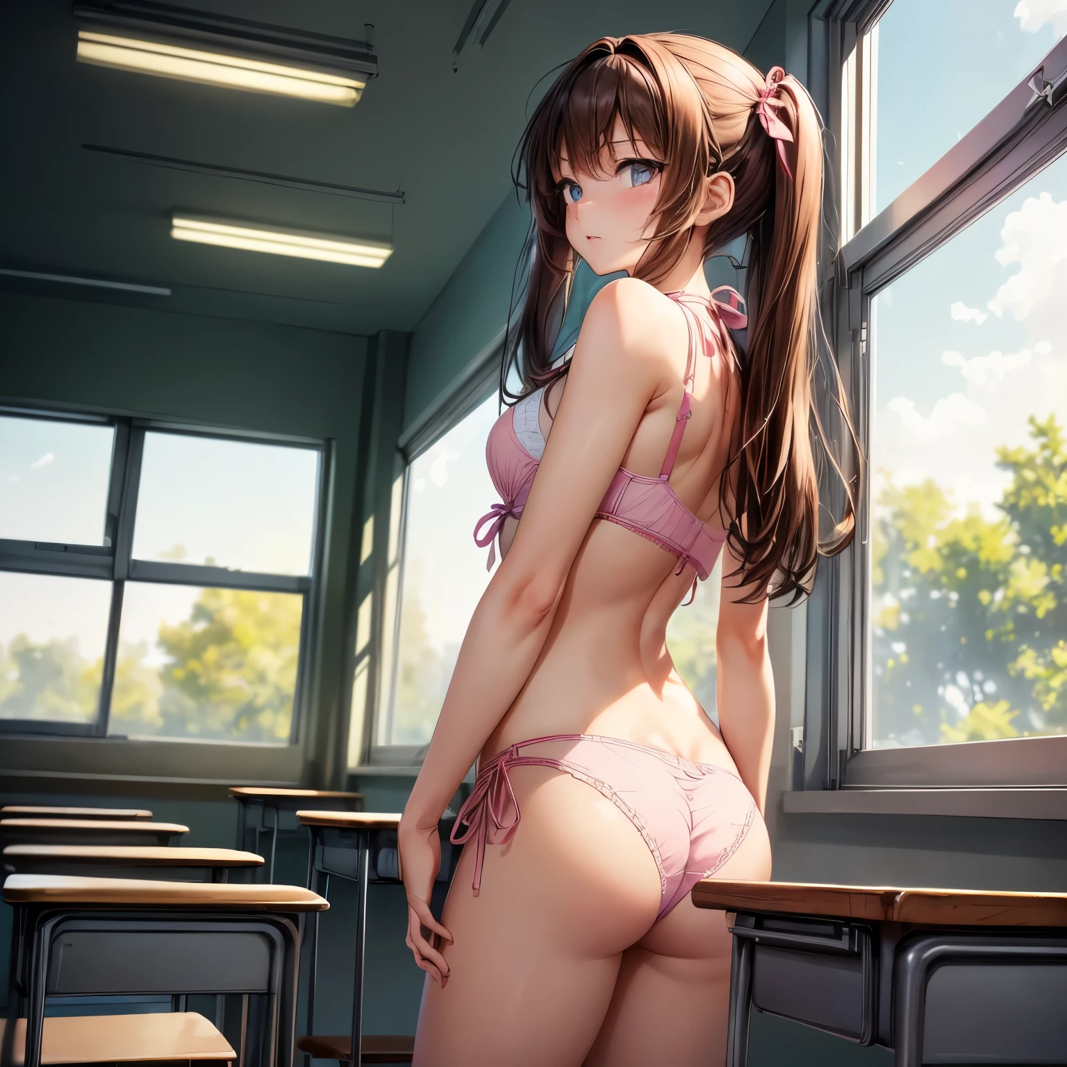 ((下着姿の女性はセクシーにSchool classroomから窓の外を見ている:1.4), ((highest quality)), (Super detailed), (Very detailed CG 統合 8k 壁紙), Very detailed, High resolution raw color photos, Professional photography, Brown Hair, Twin tails, Great face and eyes, Slender body, (Amazingly beautiful girl), (School classroom, A student is looking out of the classroom window:1.3), (Stylish pink lingerie), (Stylish pink micro bra), (Stylish pink satin side-tie panties), Exact number of arms, Exact number of legs, Perfect Anatomy, (Embarrassed expression, Surprised expression), Looking Back, Angle from behind, Beautiful Anime Women, Beautiful art style, Anime characters