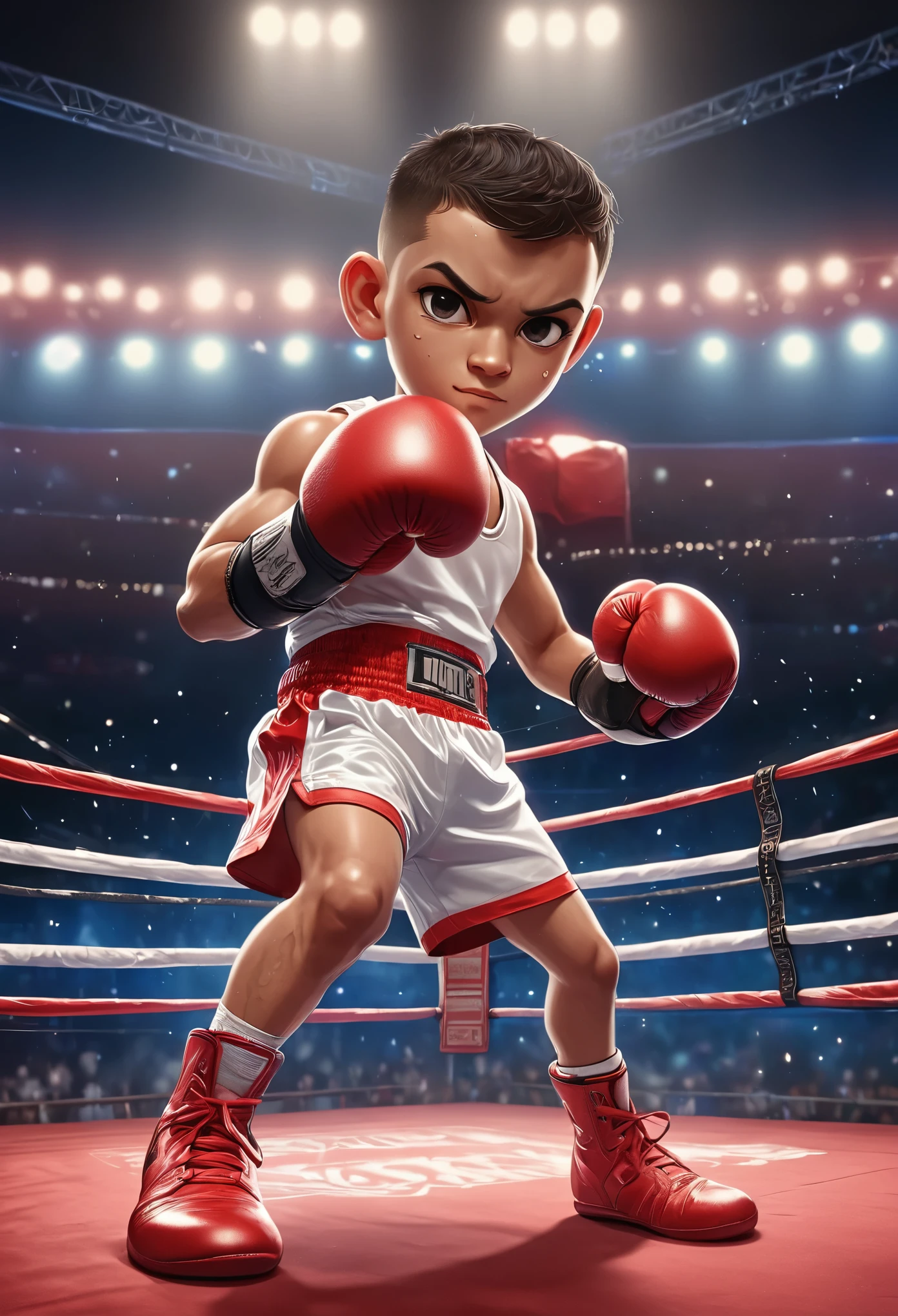 A boxer dressed in white sports vest, red sports shorts, boxing gloves, standing on the boxing ring, in a boxing match. (Elaborate details) (8k) (Exquisite eyes) (Sharp focus), (Cartoon style), (Happy).