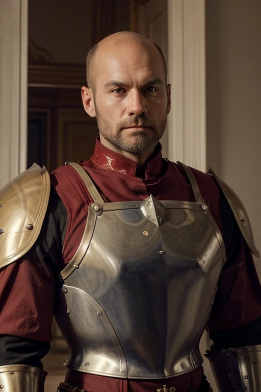 Create an image of a stern looking, tall, slender, broad-shouldered knight dressed in red plate armour on which a lion is featured. His arms are thin but muscled. He is bald with bushy golden side-whiskers. He is 55 years old