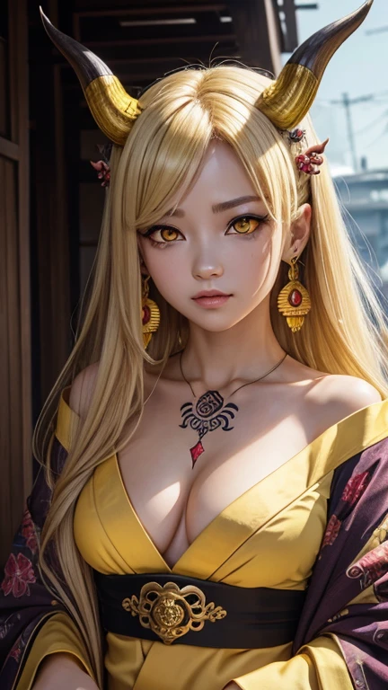 ibarakidouji, ,ibaraki douji, blonde hair, facial mark, fang, forehead, horns, long hair, oni, oni horns, pointy ears, (yellow eyes:1.5), (flat chest:1.2),BREAK earrings, japanese clothes, jewelry, kimono, leg tattoo, neck tattoo, oni, oni horns, shoulder tattoo, tattoo, yellow kimono,BREAK looking at viewer,BREAK outdoors,BREAK , (masterpiece:1.2), best quality, high resolution, unity 8k wallpaper, (illustration:0.8), (beautiful detailed eyes:1.6), extremely detailed face, perfect lighting, extremely detailed CG, (perfect hands, perfect anatomy),Circle
