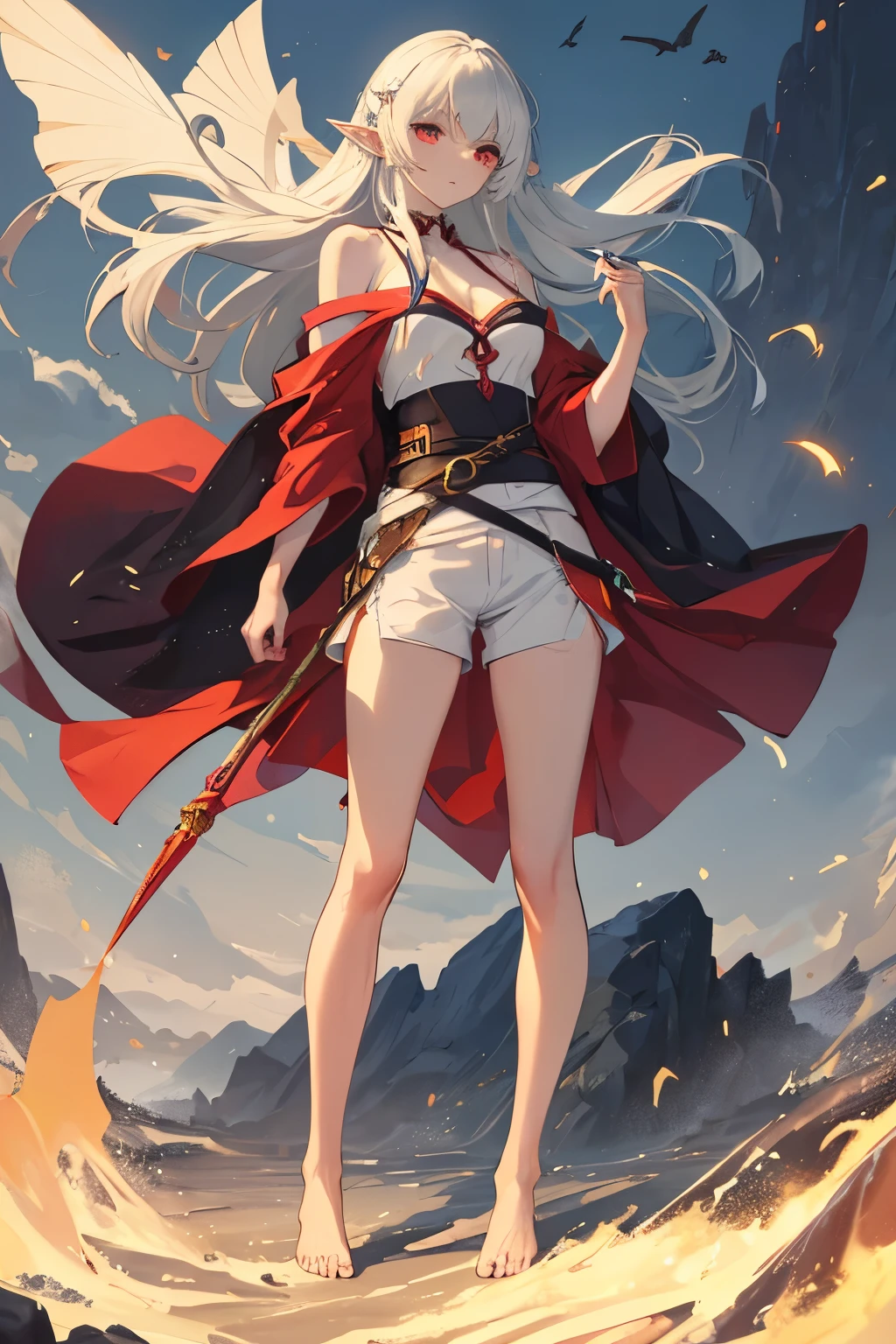 straight view,
standing upright.
young beautiful elf,a vampire,monk monk robes very detailed face and body,
long ash hair,
Red eyes,
serious expression,
dark open top on the chest,
shorts,
without shoes,
chest cutout,
open chest size 2,
possesses the magic of the elements of wind,
flies with the help of wind magic high in the sky,
32k.