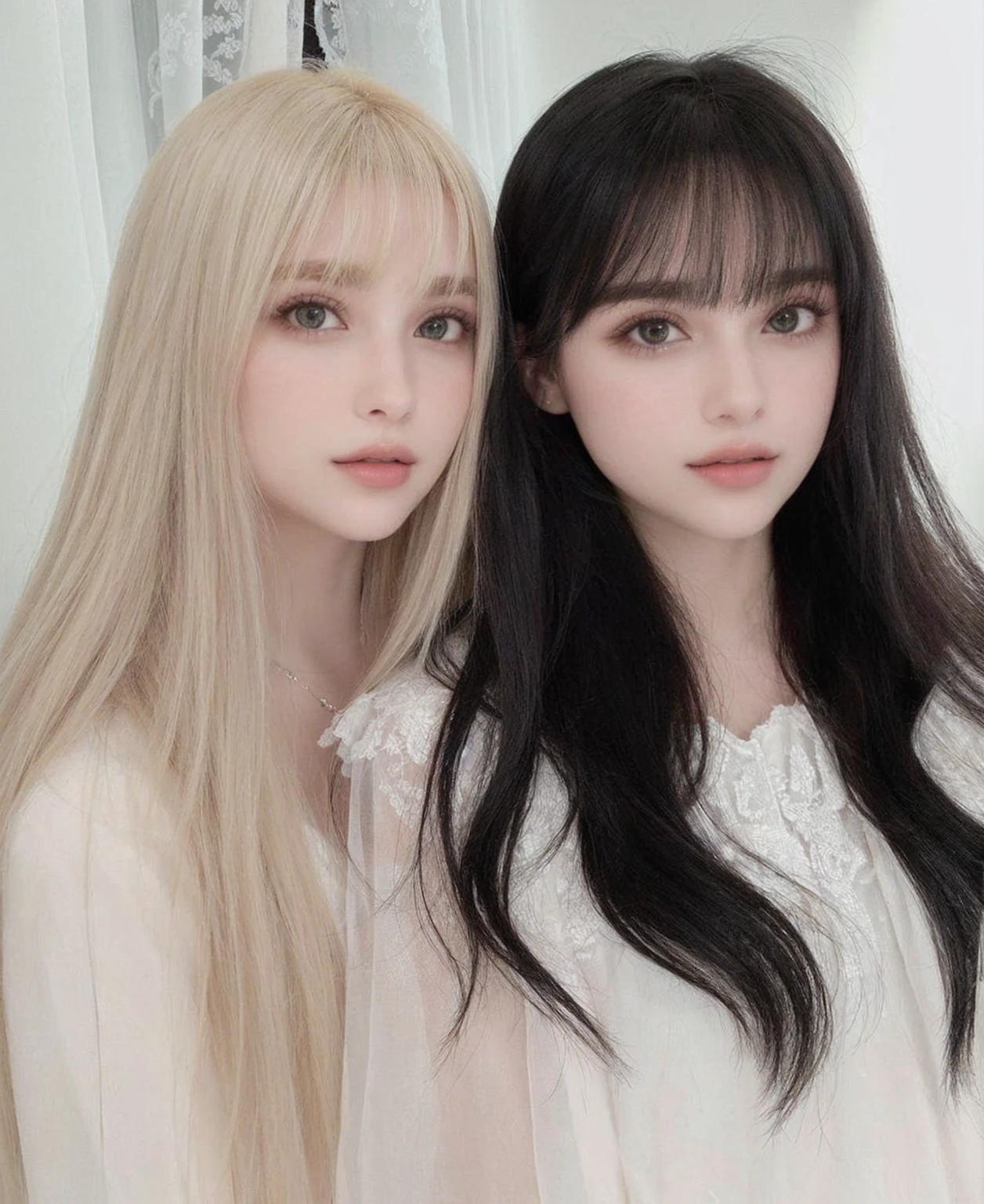duas mulheres com cabelos longos e franja posando para uma foto