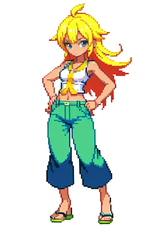 pixel art of a tanned skin anime girl with sleeveless shirt and trousers, inspired by the anime one piece, 4k, high quality