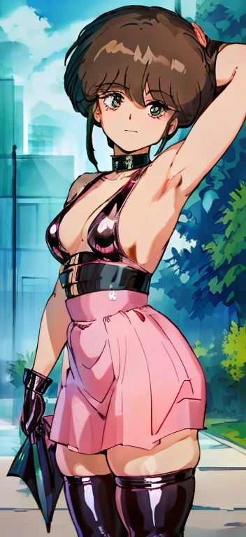 best quality, (masterpiece:1.2), highly detailed, standing, street,
1girl, solo,
looking at the viewer, closed mouth, smile, slight blush, sleeveless, ((the girl is dominatrix and she is wearing latex outfit, she is dominant and merciless)),  cowboy_shot 