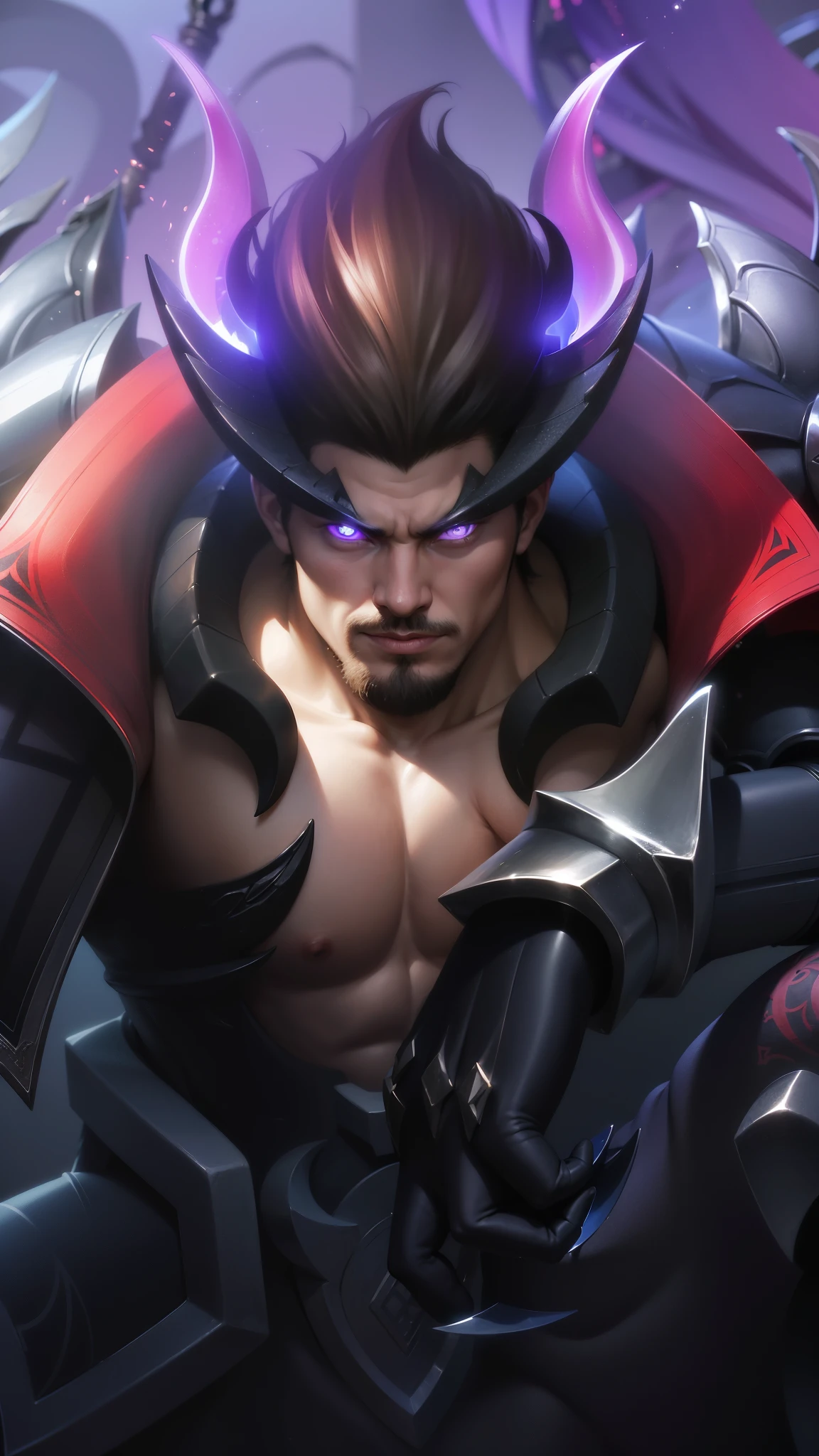 a close up of a boy with a sword and armor, gilgamesh, portrait of dragoon, casimir art, roguish smirk, sylas, official splash art, mobile legends, Best quality, masterpiece, detailed skin texture, detailed clothes texture, detailed face, super detail, 8k, intricate detail, 1 boy, The color doesn't change, Muscle guy, 1 guy, purple eyes.
