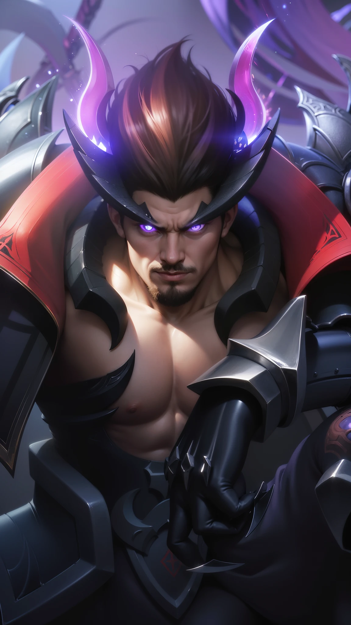 a close up of a boy with a sword and armor, gilgamesh, portrait of dragoon, casimir art, roguish smirk, sylas, official splash art, mobile legends, Best quality, masterpiece, detailed skin texture, detailed clothes texture, detailed face, super detail, 8k, intricate detail, 1 boy, The color doesn't change, Muscle guy, 1 guy, purple eyes.