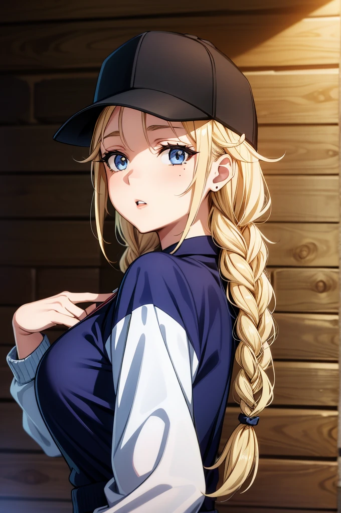 a woman has blonde hair and is wearing a baseball cap and jersey, 1girl, solo, blue eyes, blonde hair, braid, twin braids, hat, long hair, looking at viewer, breasts, mole, jacket, parted lips, baseball cap, mole under eye